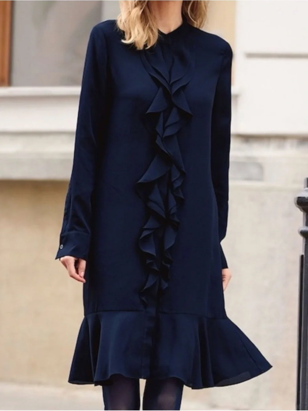 Tory Burch Navy Ruffle-Front Long Sleeve Dress